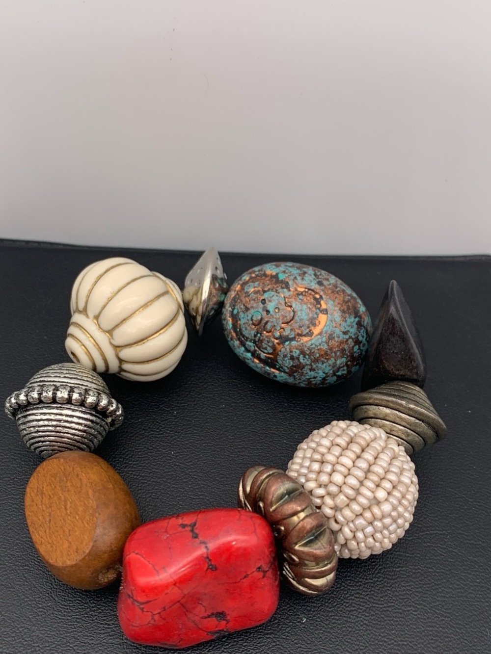 Chunky eclectic Multi-Texture boho Beaded stretch bracelet Red, Ivory Turquoise